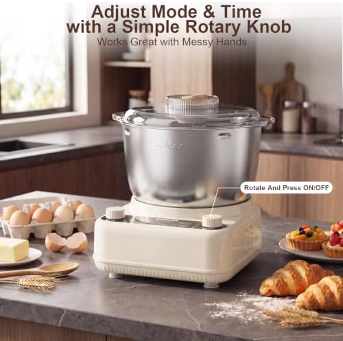 Electric Dough Maker with Ferment Function, 6.5QT Stand Dough Mixer, Dough Kneading Machine with 304 Stainless Steel Bowl, Removable Lid & Knob Control, Ideal for Bread, Pizza, Pasta - Almond Cream