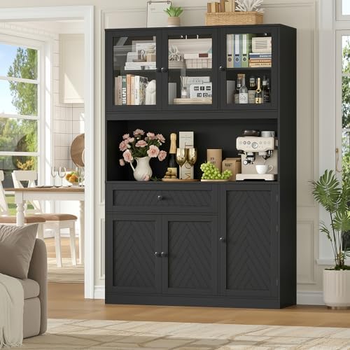 BOTLOG 72” Tall Kitchen Pantry Storage Cabinet, Modern White Kitchen Hutch with Large Storage Drawer, Countertop, Adjustable Shelves, Food Pantry Cabinets for Dining Room, Living Room (Black)