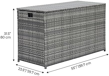 Teamson Home 154 Gallon Lined Weather Resistant Outdoor Rattan Wicker Patio Deck Storage Box with Soft Close Hinges for Patio Furniture Cushions or Pool Accessories, Gray