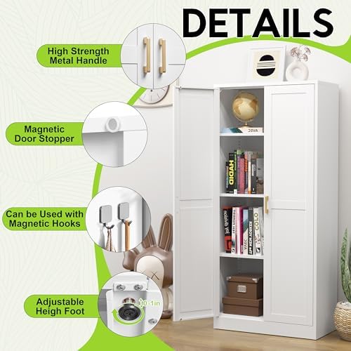 UNICOLY Metal Kitchen Pantry Cabinet, Storage Cabinet with Doors and Shelves, Cupboard with Adjustable Leveling Foot, for Laundry, Living Room, Bathroom, Dinning Room, Assembly Required, White 60" H