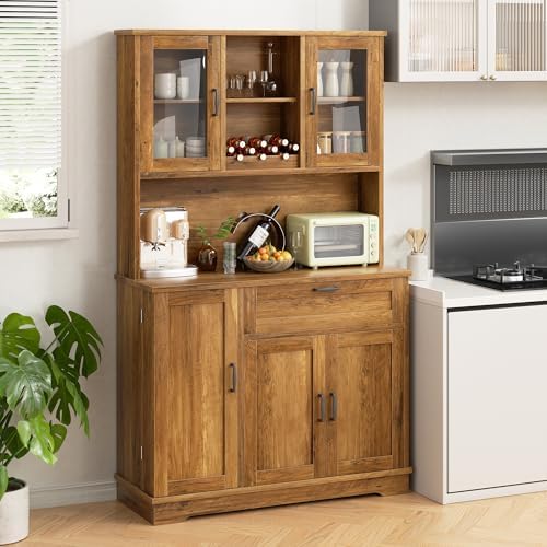 Shintenchi 68" Kitchen Pantry Storage Cabinet, with Microwave Stand, Brown