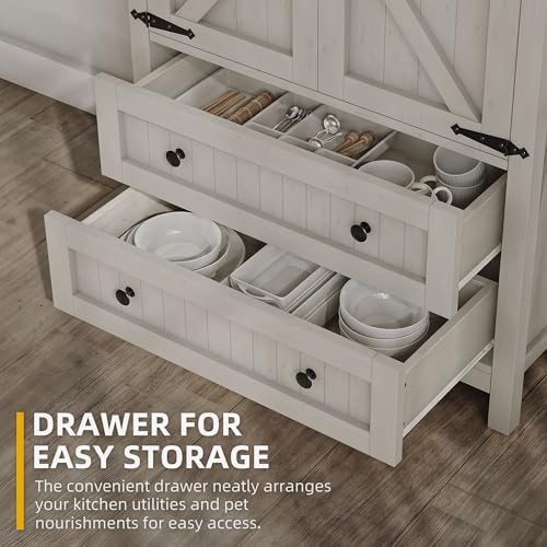 DWVO 64.5" Pantry Cabinet with Barn Doors, 2 Drawers & Shelves, Off White