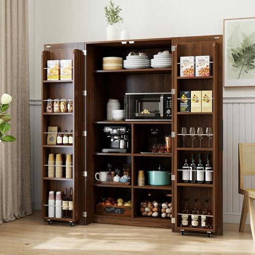 KEIKI 30.31" W Extra-Deep Kitchen Pantry Storage Cabinet with Door-Side Rack & Shelves, Tall Freestanding Sideboard Buffet Wood Hutch Food Pantries Cupboard for Coffee Bar, Dining Room, Living Room