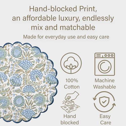 Ridhi Floral Block Print Round Placemats 15 Inch, Set of 4, Asparagus Green