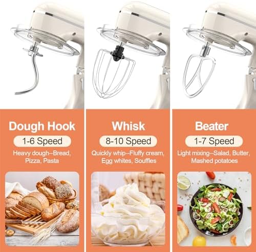 CEBORY 3-IN-1 Electric Stand Mixer, 6.5QT Bowl 660W 10-Speed Kitchen Mixer, Household Food Mixers include Dough Hook, Beater and Whisk, Bread Cake Mixer for Baking and Most Home Cooks, Almond Cream