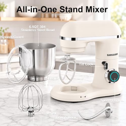 Stand Mixer, 6.5QT Tilt-Head Electric Kitchen Mixer 660W, 10-Speed Household food mixer with 304 Stainless Steel Bowl, Bread Cake Mixer include Dishwasher Safe Dough Hook, Beater and Whisk