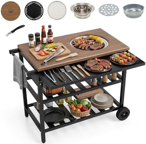 GIANTEX Outdoor Grill Cart with Korean BBQ Charcoal Grill, Dual Cooking Surfaces, Rolling Food Prep Table with Foldable Side Shelf, Storage Shelves, Wood-Look Top, for Patio, Party & Backyard Cooking