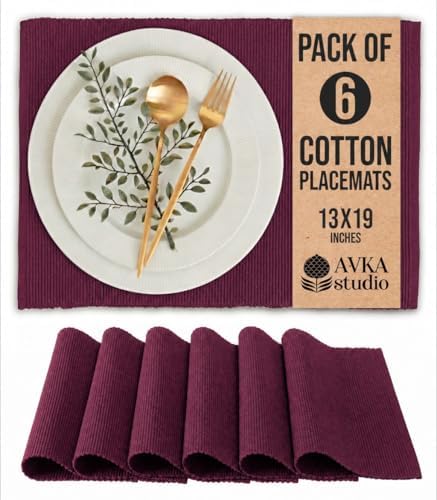 100% Cotton Ribbed Placemats - Set of 6-13 x 19 Inches - Wine - Everyday/Thanksgiving/Fall Cloth Table Mats - Thick Construction, Washable & Reusable Cloth Place Mats - by AVKA Studio
