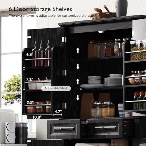 Merax Farmhouse Pantry Cabinet with Drawers and Door Shelves, Black