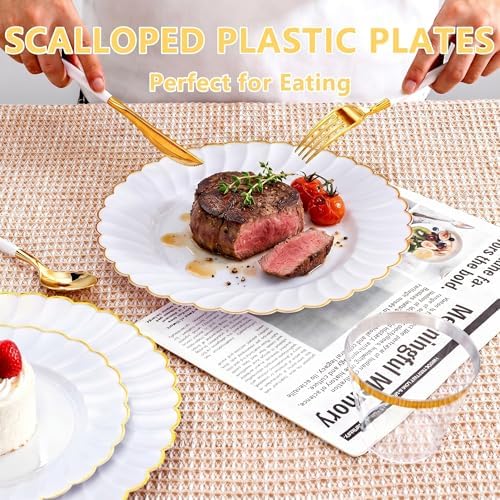 Ciaell 175 Piece White and Gold Plastic Plates for Weddings Parties