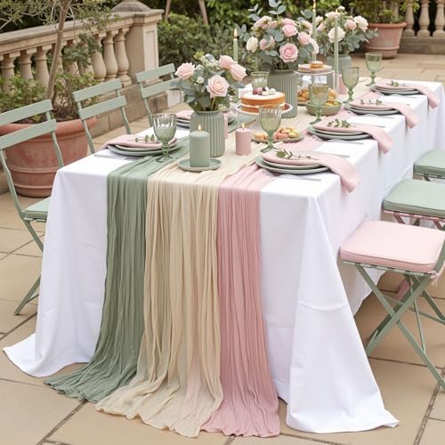 6pcs Sage Green & Pink Cheesecloth Table Runners 118" Boho Gauze