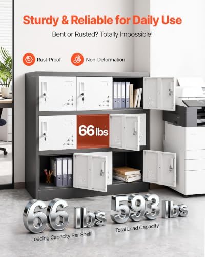VEVOR 9 Doors Metal Locker Lockable Steel Storage Cabinet 66 lbs Load Gray