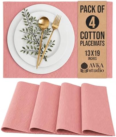 100% Cotton Ribbed Placemats - Set of 4-13 x 19 Inches - Peach - Everyday Cloth Table Mats - Thick Construction, Washable & Reusable Cloth Place Mats - by AVKA Studio