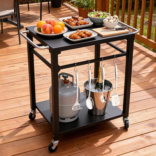 KEIKI 2-Tier Outdoor Grill Cart Table with 4 Wheels, Tool Hooks, Movable BBQ Cooking Prep Table, Pizza Oven Table, Serving Bar Cart for Backyard, Indoor, Outside, Kitchen, Stainless Steel