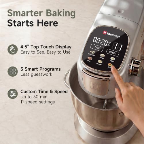 Hauswirt Stand Mixer 6QT XL Large, 4.5" LED Touch Screen Electric Household Stand Up Mixer, Full Metal Structure Standing Mixer 11-Speed, Dough Cake Bread Mixer – Silver