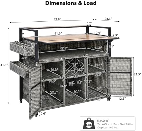 YOPTO 52.8" W Wicker Outdoor Grill Cart with Extended Poly-Wood Table Top - Drop Leaf Design,7 Shelves & Wine Rack,Rolling Kitchen Island on Lockable Wheels,for Patio,Backyard,Poolside & Garden,Grey
