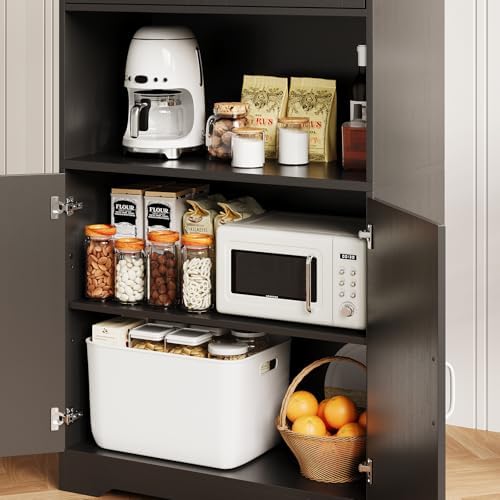 Garvee 70" Kitchen Pantry Cabinet, Farmhouse Tall Pantry Storage with Barn Doors and Adjustable Shelves, Wood Cupboard Locker for Kitchen, Dining Room, Living Room, Garage, Black