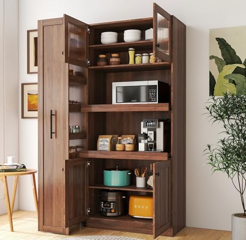 KEIKI 70.87" Tall Kitchen Pantry Storage Cabinet with Pull-Out Multi-Tier Shelf, Countertop, Glass Doors, Microwave Stand, Freestanding Wood Hutch Food Pantries Cupboard for Coffee Bar, Dining Room