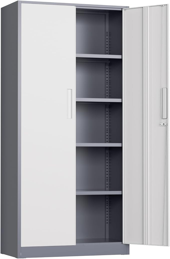 Oakmont Metal Storage Cabinet for Tool Organization, 72" Lockable Garage Storage Cabinets with 2 Doors and 4 Adjustable Shelves, Locking File Cabinet for Office, Home, School (72“ Standard-GreyWhite)