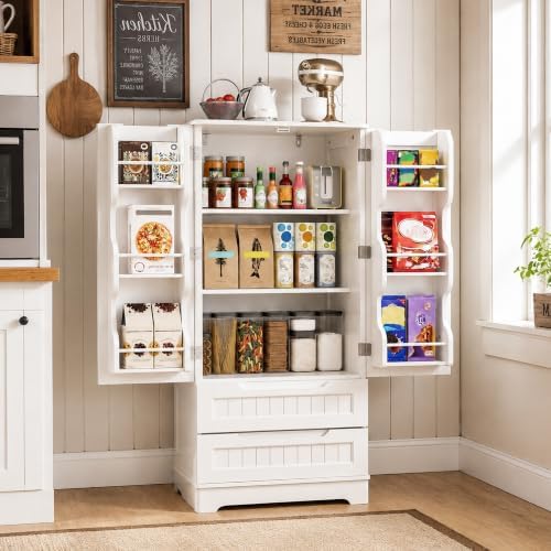 Gizoon 47" Pantry Cabinet with 2 Drawers and 6 Door Shelves, White