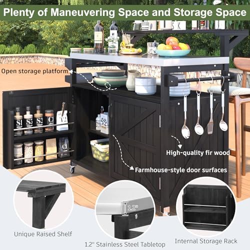 Merax 53.3" Outdoor Kitchen Island with Raised Shelf, Solid Wood Storage Cabinet with Stainless Steel Top, Rolling Grill Cart, Adjustable Shelf, Black