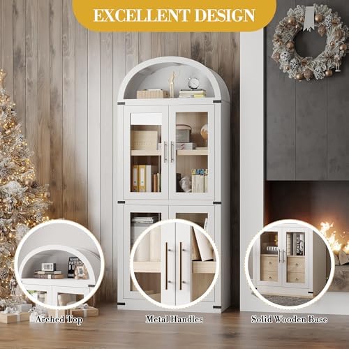 IDEALHOUSE Arched Kitchen Pantry Cabinet,71'' Wood Storage Cabinets Bookcase,Farmhouse Storage Display Cabinet with Glass Doors,2 Large Drawers,Versatile Cupboard for Living Room,Dining Room(White)