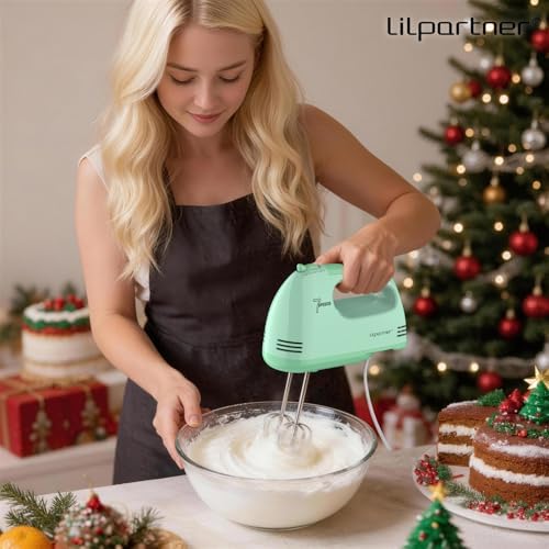 LILPARTNER Electric Hand Mixer with Storage Box, Ultra Power Kitchen Hand Mixer With 7-Speed & 5 Stainless Steel Accessories for Whipping Dough, Cream, Cake, Dishwasher Safe, LIGHT GREEN BOX