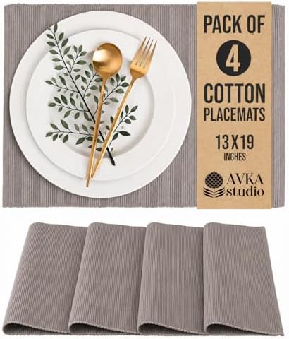 100% Cotton Ribbed Placemats - Set of 4-13 x 19 Inches - Taupe - Everyday Cloth Table Mats - Thick Construction, Washable & Reusable Cloth Place Mats - by AVKA Studio