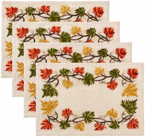 SARO LIFESTYLE Autumn Leaf Embroidered Placemats (Set of 4) - Decorative Fall Placemats for Seasonal Dining, Thanksgiving Tables and Harvest Entertaining, 14"x20", Natural