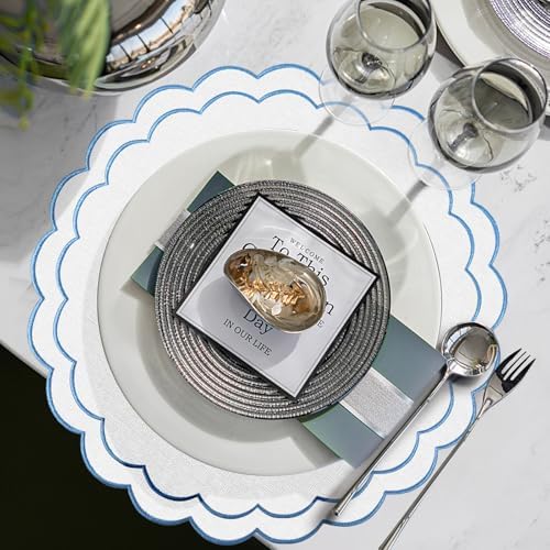 Set of 8 Cotton Linen Placemats, 15x15 Scalloped Flower Embroidery Cloth Table Mats Double Layered Fabric Machine Washable Wrinkle Free Dining Placemat for Restaurant Kitchen Decor, White with Blue