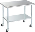 ROCKPOINT Stainless Steel Table for Prep & Work with Caster Wheels 30x48 Inches, NSF Metal Commercial Kitchen Heavy Duty Table with Adjustable Under Shelf and Table Foot for Restaurant, Home and Hotel