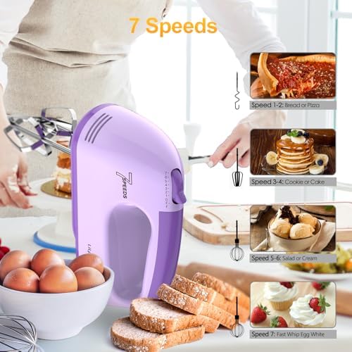 LILPARTNER Electric Hand Mixer with Storage Box, Ultra Power Kitchen Hand Mixer With 7-Speed & 5 Stainless Steel Accessories for Whipping Dough, Cream, Cake, Dishwasher Safe, LIGHT PURPLE BOX