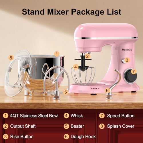 Honinst 4QT Electric Stand Mixer, 10-Speed Tilt-Head Compact Kitchen Mixer
