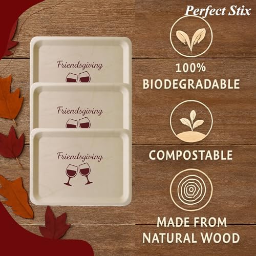 Perfect Stix 10-Inch Wooden Plates with “Friendsgiving” Printed in Burgundy – Eco-Friendly Biodegradable Disposable Dinner Plates – Fall Tableware for Thanksgiving & Friendsgiving Parties – Pack of 25