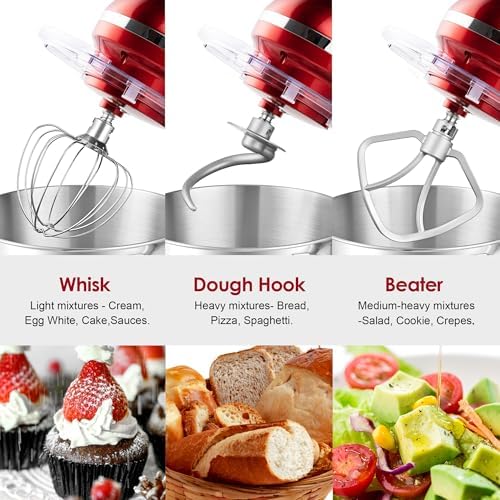 Aucma Stand Mixer,6.5-QT 660W 6-Speed Tilt-Head Food Mixer, Kitchen Electric Mixer with Dough Hook, Wire Whip & Beater (Red, 6.5QT)