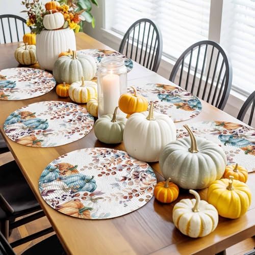 Fall Round Placemats Set of 6 Thanksgiving Teal Blue Pumpkin Place Mats Washable Woven Placemat Autumn Eucalyptus Leaves Circle Braided Table Mat for Kitchen Dining Table Holiday Party Decor 15 Inch