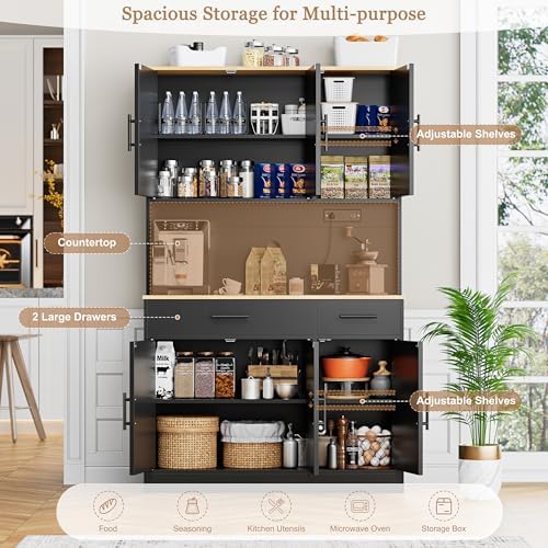 Shintenchi Pantry Cabinet with Charging Station, 70” Tall Kitchen Storage Cabinet with Microwave Stand, Storage Drawers & Adjustable Shelves, Large Capacity Kitchen Hutch for Dining Room, Black