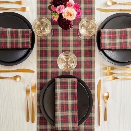Solino Home 100% Pure Linen Table Runner Brown, Hunter's Plaid 14 x 132 in