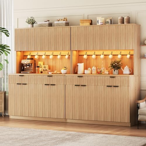 Jocoevol Fluted Kitchen Pantry Storage Cabinet with Charging Station & LED Lights,71" Tall Kitchen Hutch with Microwave Stand, Adjustable Shelves,Storage Doors (Natural, 47" W x71 Hx15.7 D)