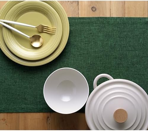 Solino Home 100% Pure Linen Table Runner Green Woven, Athena 14 x 48 in