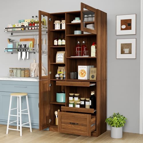 KEIKI 70.87" H Tall Kitchen Pantry Storage Cabinet with Countertop, Glass Doors, Drawers, Microwave Stand & Pull-Out Shelf, Freestanding Wood Hutch Food Pantries Cupboard for Coffee Bar, Dining Room