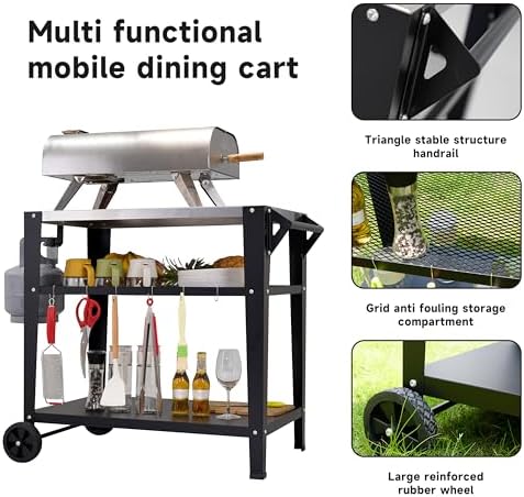 LEETOLLA Stainless Steel Outdoor Grill Cart with Wheels, Heavy-Duty 3-Tier BBQ Prep Table for Pizza Oven, Griddle, Patio – Rustproof Commercial Kitchen Cart with Tool Hooks