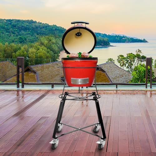 Rolling Cart with Wheels for Kamado Joe JR with Cast Iron Stand, Grill Stand for Kamado Joe Jr Accessories, Rolling Outdoor Cart for Kamado Joe Junior Grill Stand（Match Jr's Original Cast Iron Stand）