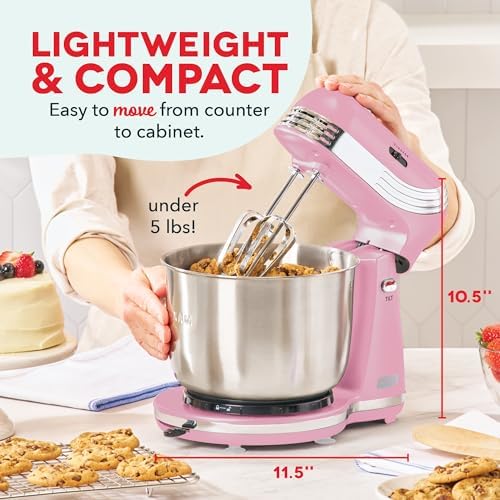 Dash Everyday Stand Mixer - Compact Tilt-Head Stand Mixer for Everyday Recipes - 6-Speed Power with Stainless Steel Bowl - Pink, 3-Quart