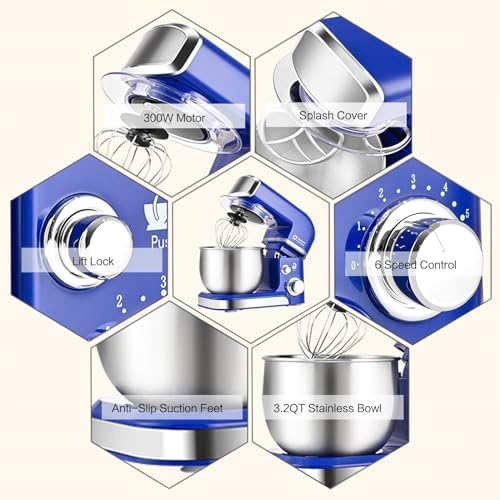 Kitchen in the box Stand Mixer,3.2Qt Mini Electric Food Mixer,6 Speeds Portable Lightweight Kitchen Mixer for Daily Use with Egg Whisk,Dough Hook,Flat Beater (Reflex Blue)