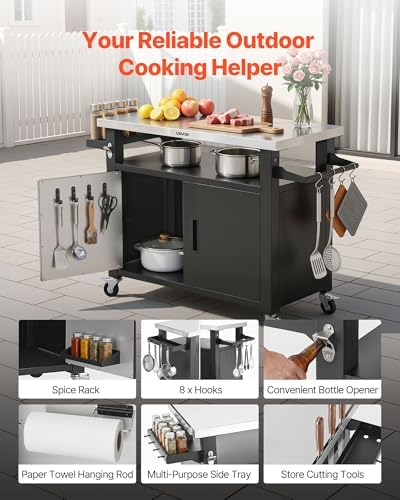 VEVOR Outdoor Grill Cart with Storage Cabinet, 53.1 Inch Grill Table, Waterproof Kitchen Island with Stainless Steel Top, Shelf, and Wheels, Movable Food Prep Station for Patio Bar Backyard BBQ