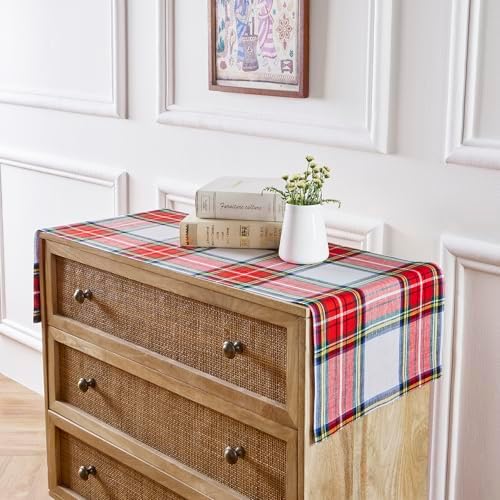 Solino Home 100% Pure Linen Table Runner White, Stewart Plaid 14 x 60 in