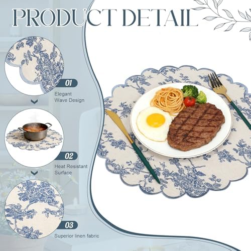Set of 36 Blue Floral Cotton Placemat 15" Round Scalloped Navy Blue