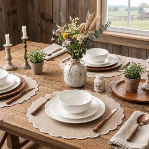 Set of 12 Linen Boho Cotton Placemats 15" Round Scalloped White