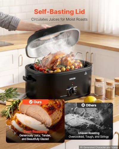 VEVOR Electric Roaster Oven, 24 Qt, Turkey Roasting Pan, Black, Viewing Lid
